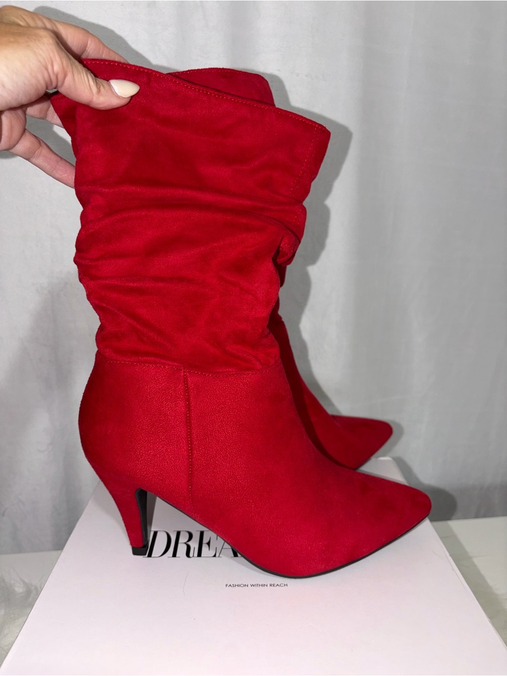 Red Slouchy Pointed-Toe Mid-Heel Boots